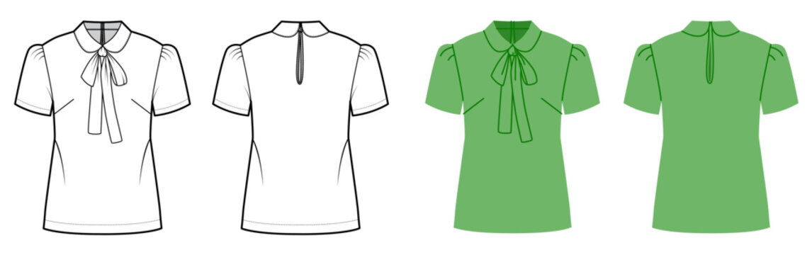 Short sleeve blouse with bow tie neckline, fitted silhouette and clean shaping lines. Technical fashion illustration in black white color, front back views, modern apparel CAD template. Vector