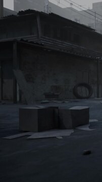 In an empty alleyway at dusk, there are discarded boxes and a tire placed on the ground. Nearby, scraps of paper are scattered, creating a forgotten atmosphere in the city.