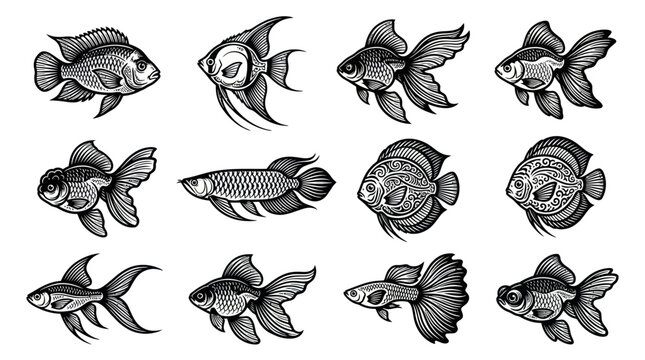 A monochrome flat vector icon set of 9 fish with oversized flowing fins, elegant tail structures, wide pectoral fins, decorative body shapes, intricate fin texture, balanced composition