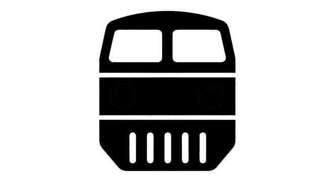 Minimal black silhouette icon, simple flat vector, bold black shape, no gradients, no shading front view of a train locomotive icon, stylized railway transport symbol on a, flat icon style