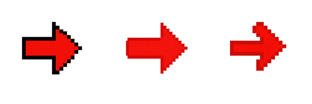 Set of retro red pixelated cursor arrow pointing right, computer digital sign isolated on transparent background, png.