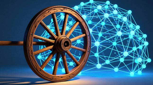 Antique wooden wheel contrasts with glowing digital network. This symbol shows progress from old transport to modern cybernetic connections and future tech.