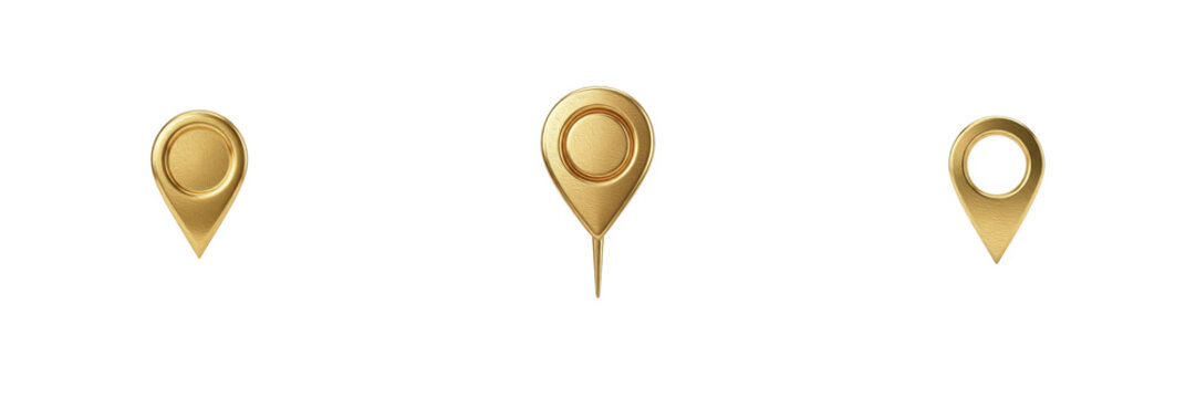 Set of golden map pin location marker pointer, navigation web icon symbol isolated on transparent background, png.