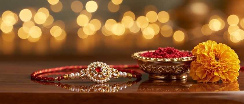 Premium elegant Rakhi thread with pearls, brass bowl of red kumkum and marigold flower on reflective wooden surface. Magical warm golden glowing bokeh background with wide copy space for text. Raksha