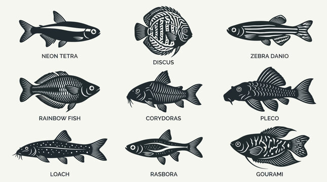 A monochrome flat vector icon set of 9 tropical fish including neon tetra, discus, zebra danio, rainbow fish, corydoras, pleco, loach, rasbora, and gourami, delicate fins, small scale patterns