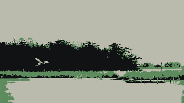 Minimalist Wetland Silhouette with Flying Egret