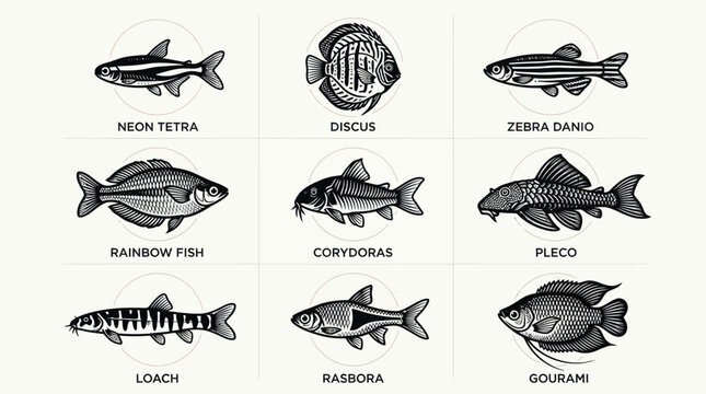 A monochrome flat vector icon set of 9 tropical fish including neon tetra, discus, zebra danio, rainbow fish, corydoras, pleco, loach, rasbora, and gourami, delicate fins, small scale patterns