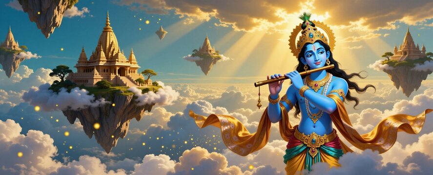 Blue skinned Krishna plays flute music in sky among floating islands and temples. Golden sun rays shine through clouds and mystical glowing orbs.