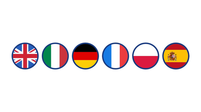 European flag circle button. National country icon flag set of United Kingdom, France, Germany, Italy, Spain and Poland