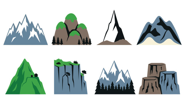 Set of flat mountain landscape icons including snowy peaks cliffs and pine forest scenery.