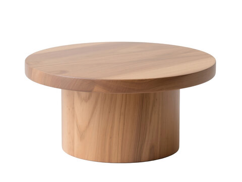 Minimalist wooden cake stand or pedestal, circular light wood platform with wide cylindrical base, rustic natural grain texture, isolated display prop.
