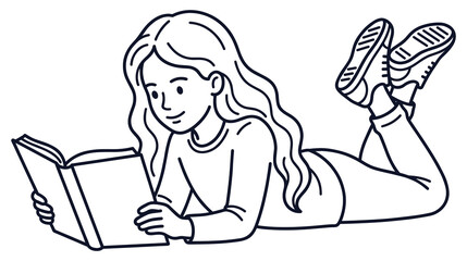 Line art illustration of young girl reading book while lying on floor with messy hair style.