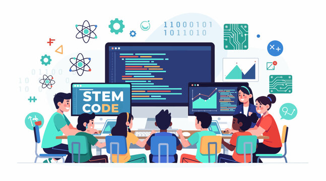 Children Learning STEM and Coding in Modern Classroom