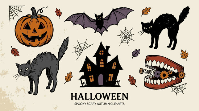 Surreal Halloween composition with a glowing pumpkin lantern showing mechanical clockwork teeth, feline cat silhouette, bats, a mysterious haunted house, and spooky scarred rustic textures.