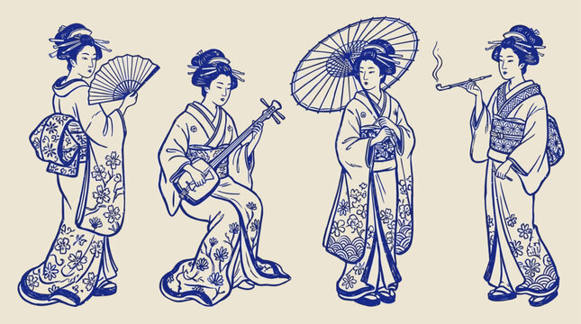 Elegant collection of Japanese geisha women wearing traditional silk kimono holding decorative paper fan and vintage cultural accessory in studio setting representing classic heritage.
