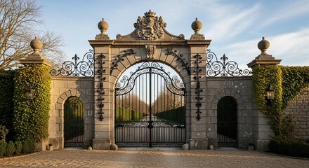 Obraz premium Ornate stone gate with wrought ironwork and greenery