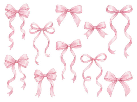 Collection of various pink watercolor ribbons and bows as isolated on transparent background