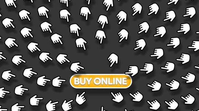 Vertical 2D Animation of Hand Cursor Icons Following Yellow Buy Online Button Loop E-Commerce and Digital Retail Concept