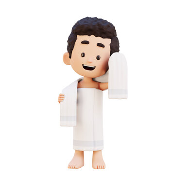 3D people Child Boy drying hair using towel after bath routine