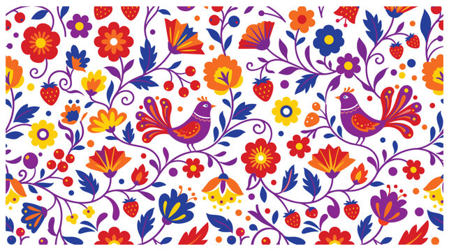 Folk floral seamless pattern with colorful flowers birds and strawberries in polish style.