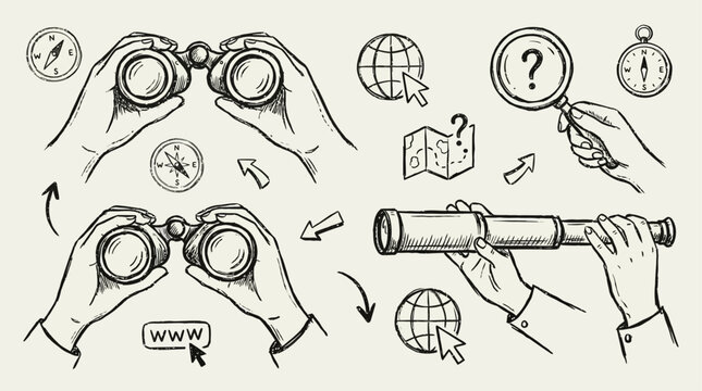 Human hands holding various optical instruments including binoculars, magnifying glass, spyglass, and telescope for searching, discovering, and finding hidden details in exploration.