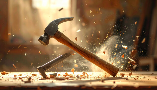 Hammer striking anvil with wood chips flying around