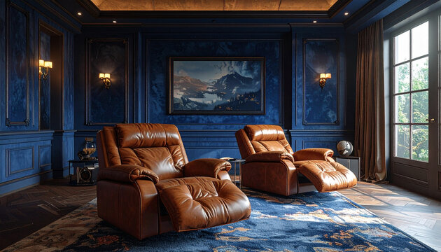 Luxurious leather recliner chairs in elegant home cinema room