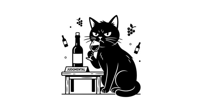 Judgmental Black Cat Sits With Wine Glass and Bottle, Judging