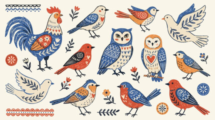 Collection of diverse birds featuring traditional folk ornaments in a clean paper cut Scandinavian flat design style artistic vector illustration with floral patterns and ethnic decorative motifs © Thai
