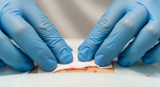 Medical professional applying bandage to wound on skin