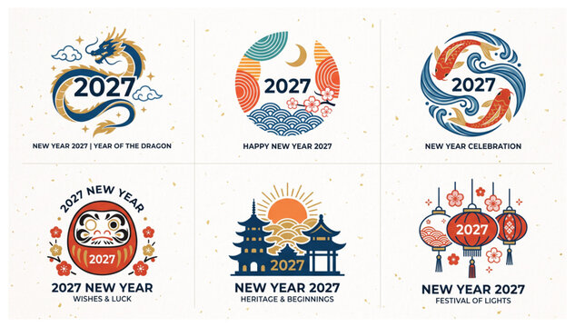 2027 chinese new year emblem and icon set featuring dragons fish daruma dolls and traditional temples celebration traditional oriental illustration prosperity mythology mythical creature