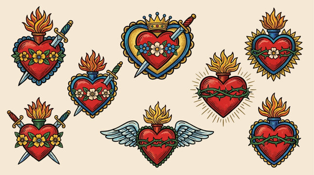 Colorful Set of Traditional Mexican Sacred Hearts Hand Drawn Illustration Vector Folk Art Symbols Ornate Decorative Religious Iconography Spiritual Milagros Design Elements Vibrant Cultural Artwork