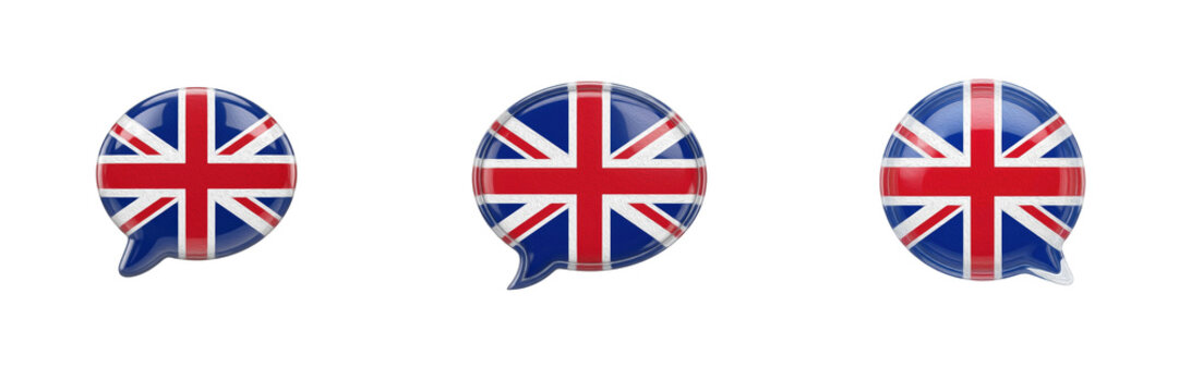 Set of 3d glossy speech bubble icon with United Kingdom Union Jack flag, language concept isolated on transparent background, premium png asset.