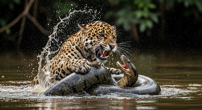 Jaguar fighting with anaconda in water wildlife scene