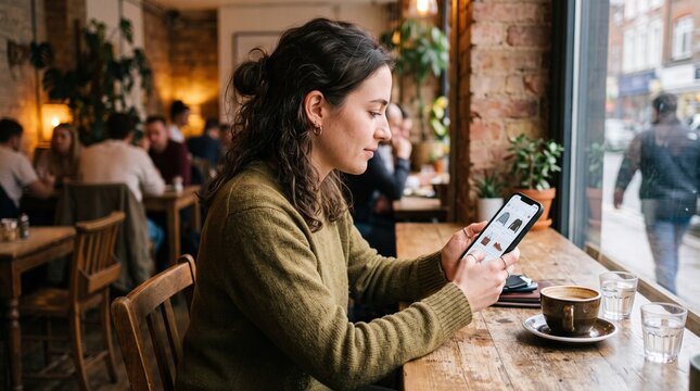 Woman browsing online store on smartphone while sitting in a cozy cafe with coffee and water