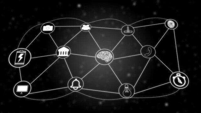 Connected Network of Icons Representing AI and Digital Services on Dark Background artificial animation