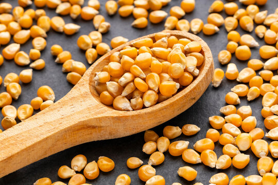 Popcorn kernels in a wooden spoon on a dark background, selective focus food photography