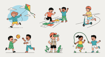 Fototapeta premium Happy Children Playing Outdoor Games and Activities Illustration Set for Kids Education