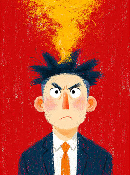 Artistic Illustration of an Overstressed Businessman with an Exploding Head and Fiery Texture on Red Background