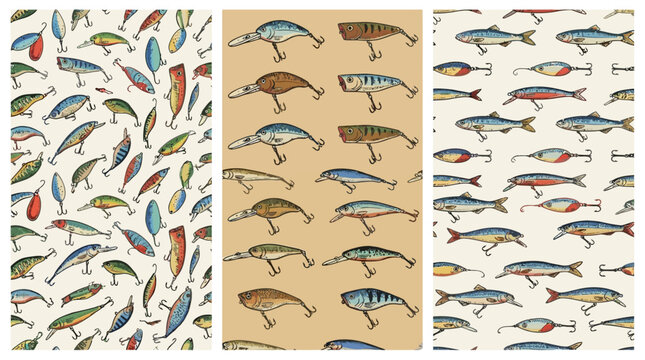 Artistic collection of assorted fishing lure gear featuring colorful spoon, wobbler, crankbait, surface popper, and realistic minnow bait for professional angling and sport fishing enthusiasts.
