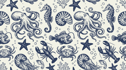 Detailed collection of marine life icons featuring an underwater sea creature set with an octopus, seahorse, nautilus, and shell to illustrate aquatic biological diversity in the ocean. © Thai