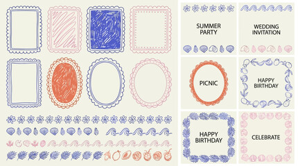 Elegant set of sixty four decorative wavy line borders featuring rectangular and oval handdrawn doodle shapes for greeting cards wedding invitations and birthday stationery. © Thai