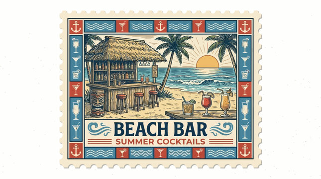 Vintage Summer Beach Travel Postcard Vector Illustration Design for Wall Art Print featuring Tropical Coastal Scenery with Retro Postage Stamp Letter and Vacation Mail Sticker Aesthetics