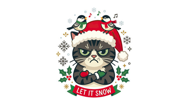 Grumpy Cat Wearing Santa Hat, Surrounded by Snowflakes and Birds, Christmas Illustration
