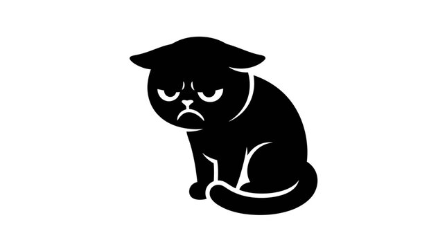 Grumpy Cat Silhouette Icon, Sad Feline Vector Art, Unhappy Animal Illustration
