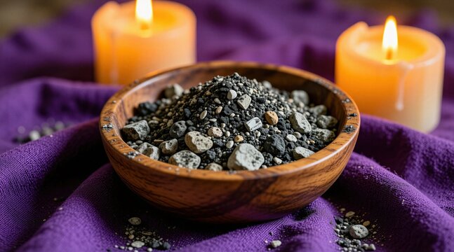 Bowl of ash and stones sits on purple cloth. Two lit candles glow behind wood bowl. Religious symbol for prayer and reflection. Ashes represent humility and mortality. Atonement and repentance.
