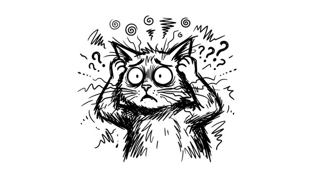 Stressed Cat Cartoon Drawing with Question Marks and Swirls