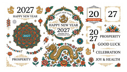 2027 chinese new year design kit with festive dragon motifs floral patterns and prosperity greeting typography celebration ornamental oriental illustration © Shaon