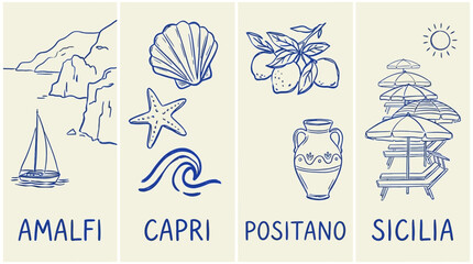 Artistic hand-drawn Italian sea coast marine vacation doodle posters and placards for summer beach party invitations featuring nautical Mediterranean elements and whimsical ocean sketches. © Thai