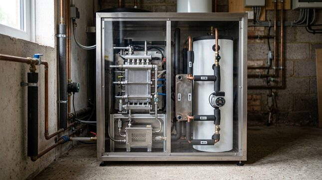 Fuel cell CHP combined heat and power unit packaged micro-CHP unit showing fuel cell module and heat recovery